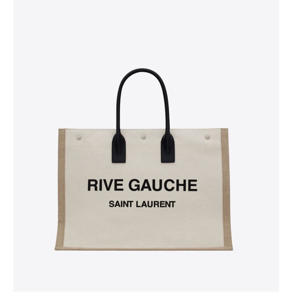 Saint Laurent Rive Gauche Canvas Tote in Cream and Black